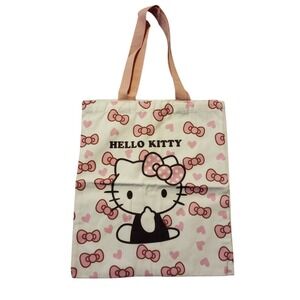 Sanrio Hello Kitty Canvas Tote Bag Pink Bows Hearts Cream Shoulder Bag 15x12"